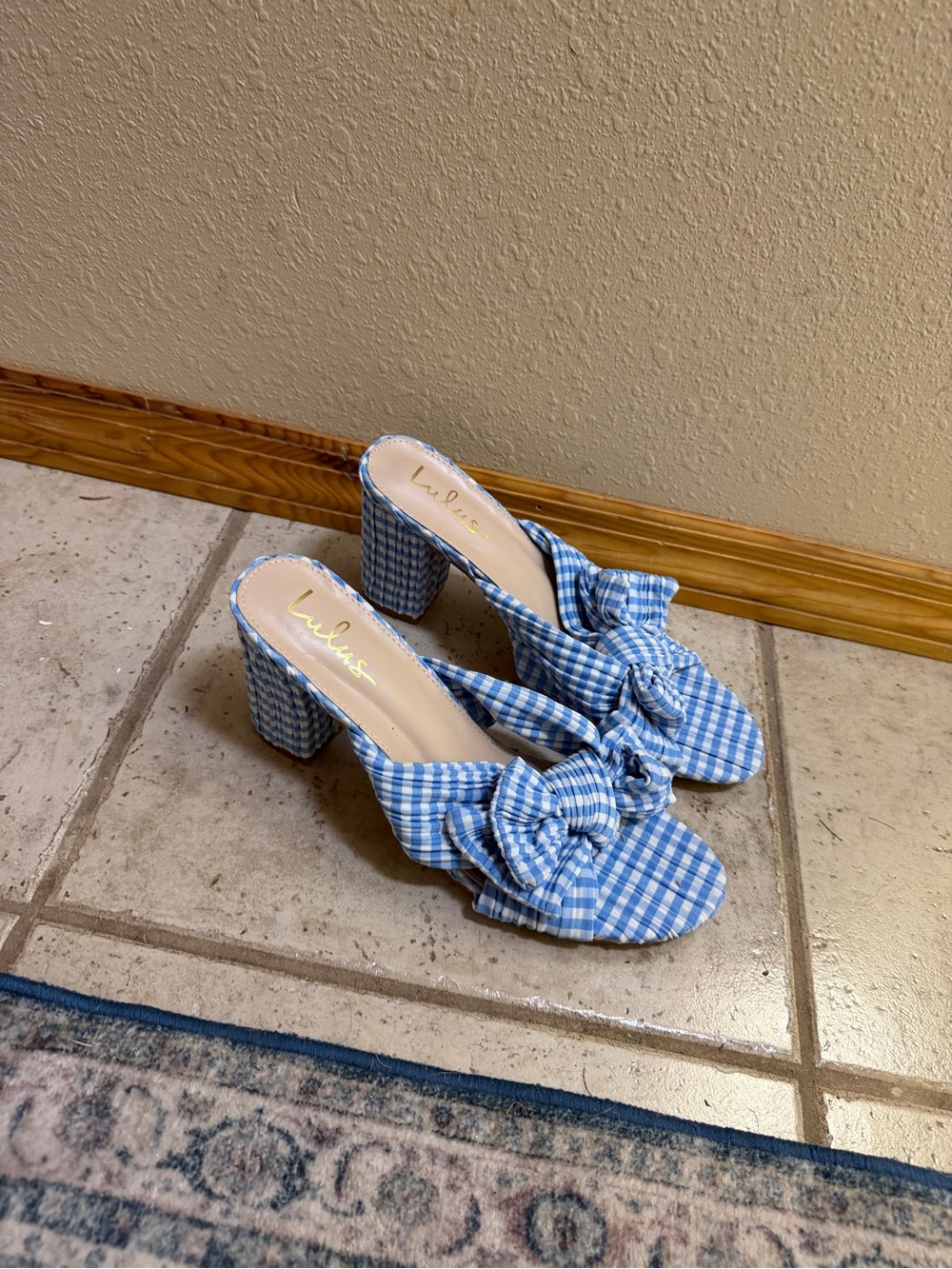 Lulu's Blue Gingham Bow Block Heel Mules